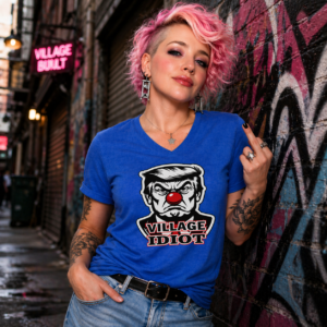 Village Idiot political parody t-shirt with bold caricature graphic and statement lettering.