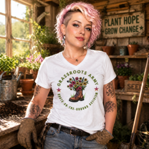 Grassroots Army graphic shirt with boot filled with flowers and “Boots on the Ground Activism” text.