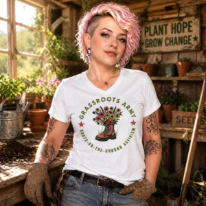 Grassroots Army graphic shirt with boot filled with flowers and “Boots on the Ground Activism” text.