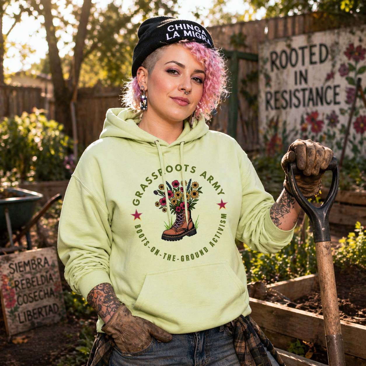 ChatGPT Image Apr 24, 2026 at 02_49_37 PM Unisex pullover hoodie featuring a boot with flowers and the text “Grassroots Army – Boots-on-the-Ground Activism.”