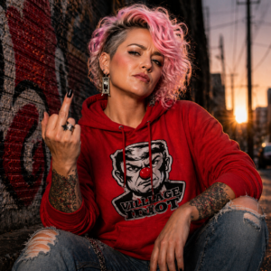 Unisex pullover hoodie featuring a bold political satire graphic with the text “Village Idiot.”