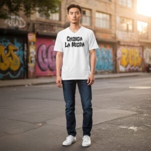 T-shirt featuring bold text that reads “Chinga La Migra”