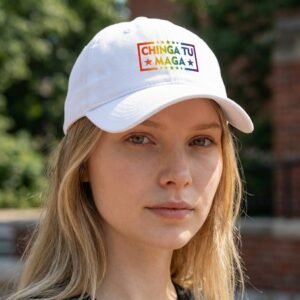 dad hat featuring the phrase “Chinga Tu MAGA” with pride-style graphic accents and star details.