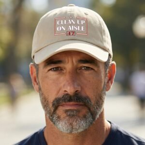 dad hat featuring the phrase “Clean Up on Aisle 47” with star accents and a framed graphic layout.