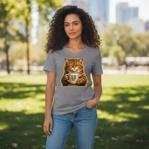 V-neck t-shirt featuring a grumpy cat holding a mug that says “Is He Dead Yet.”