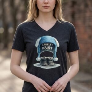 V-neck shirt featuring a winter hat with the phrase “Cruelty Is the Point” above a pair of boots on icy ground.