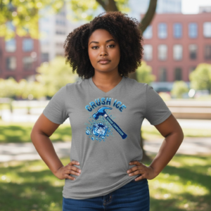 Graphic shirt featuring the phrase “Crush ICE” with a hammer labeled “Human Compassion” smashing a block of ice.