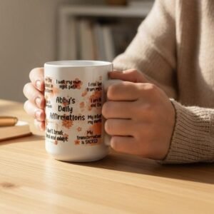15oz ceramic mug with personalized name and daily affirmations design