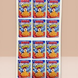 Sheet of “MAGA Delulu Loops” satirical political vinyl stickers featuring a parody cereal box design.