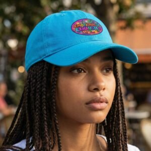 dad hat featuring an oval patch with the words “Emotionally Exhausted.”