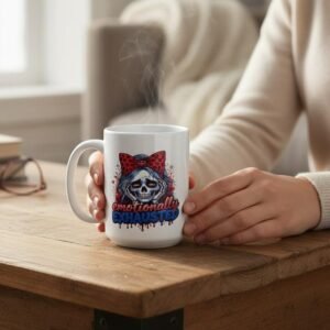 15oz ceramic mug with skull illustration and “Emotionally Exhausted” text