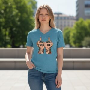 Graphic shirt reading “FUCK ICE” with illustrated raised hands breaking chains.