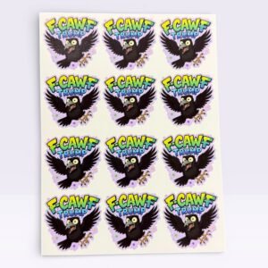 Sheet of “F-CAWF Trump” vinyl stickers featuring a cartoon crow with bold political satire text.