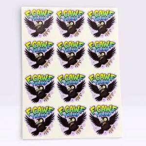 Sheet of “F-CAWF Trump” vinyl stickers featuring a cartoon crow with bold political satire text.