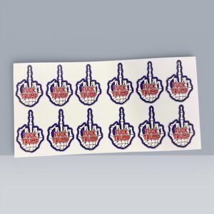 Sheet of skeleton hand political protest vinyl stickers with bold statement text across the palm.