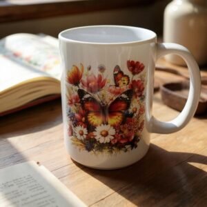 15oz ceramic mug with butterfly and wildflower floral design