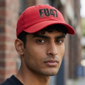 dad hat with distressed black lettering reading “FU47.”