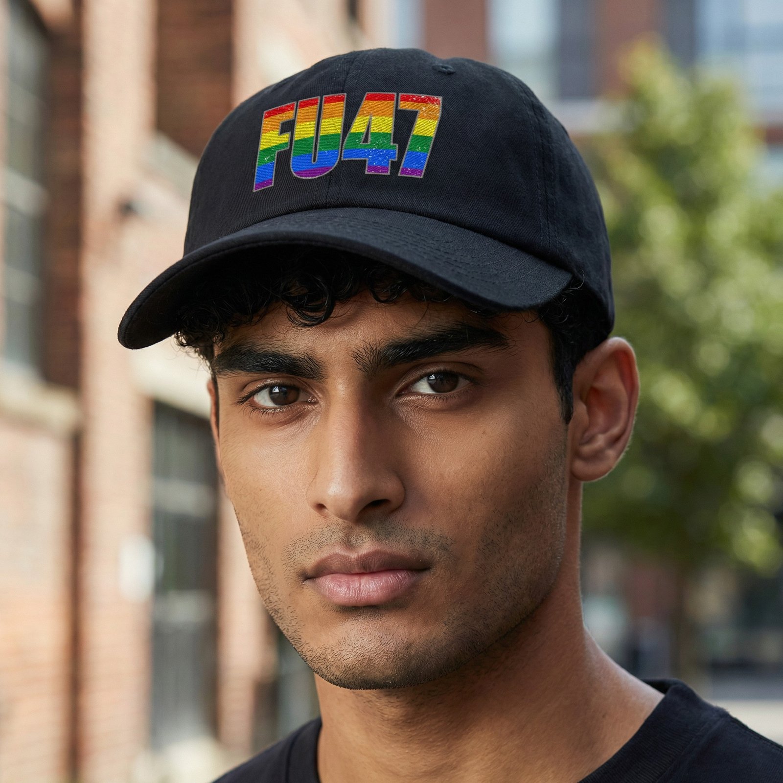FU47PrideHat Dad hat with rainbow-colored “FU47” lettering.