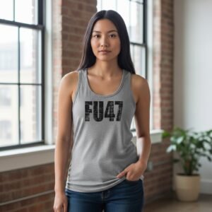 Racerback tank featuring bold distressed FU47 text design