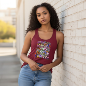 Racerback tank with detailed floral and butterfly artwork featuring a subtle political protest message