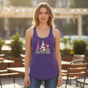 Racerback tank featuring illustrated foxglove, daisy, and tulip flowers with labeled botanical details