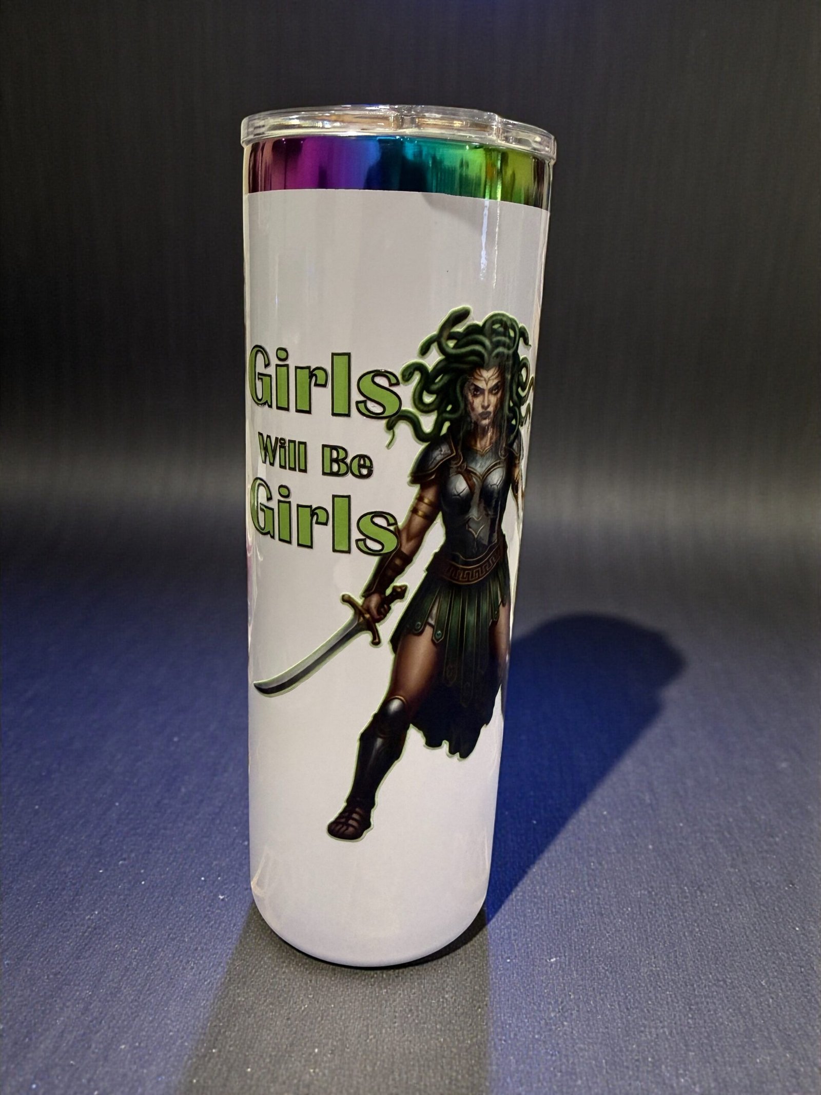 Girls20oz 20oz tumbler featuring a Medusa illustration and the phrase “Girls Will Be Girls.”