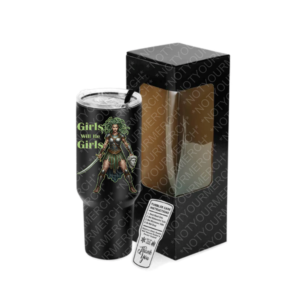 Girls Will Be Girls tumbler with warrior goddess illustration.