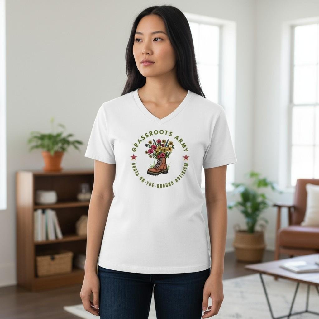 GrassRootsArmy Grassroots Army graphic shirt with boot filled with flowers and “Boots on the Ground Activism” text.