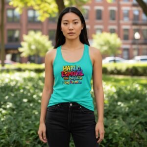 Racerback tank top with the phrase Hablo Español Con Orgullo y Sin Permiso in colorful bold lettering