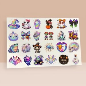 Sheet of cute spooky Halloween vinyl stickers featuring ghosts, pumpkins, bats, crystals, and magical designs.