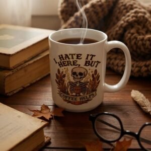 15oz ceramic mug with skeleton design and “I Hate It Here, But Coffee Helps” text