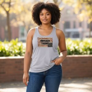 Racerback tank with distressed Impeach Trump graphic and flag-style design