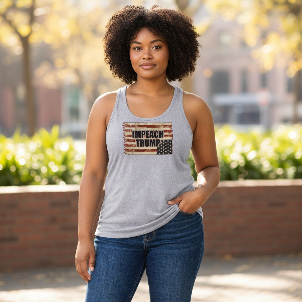 ImpeachTrumpFlagTank Racerback tank with distressed Impeach Trump graphic and flag-style design
