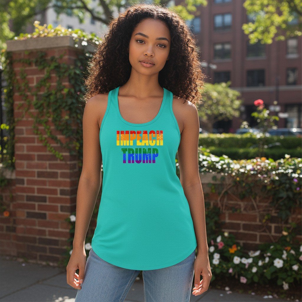 ImpeachTrumpRainbowTank Racerback tank featuring pride-inspired Impeach Trump block lettering