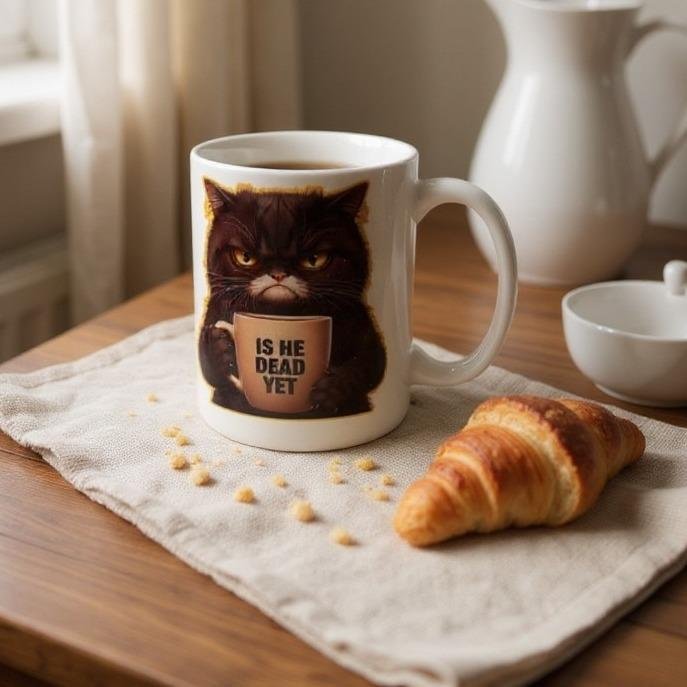 IsHeCatBlackMug 15oz ceramic mug featuring grumpy cat illustration with “Is He Dead Yet” text