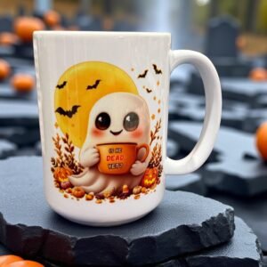 15oz ceramic mug with cute ghost illustration holding “Is He Dead Yet?” mug