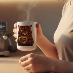 15oz ceramic mug with grumpy cat illustration holding “Is He Dead Yet” mug