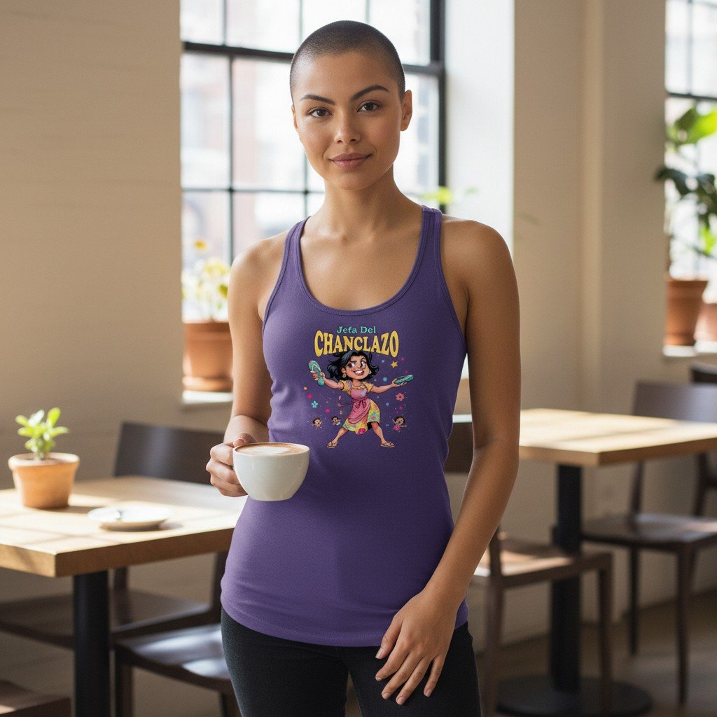 JefaChanclaTank Racerback tank featuring a cartoon woman holding sandals with text reading Jefa Del Chancazo