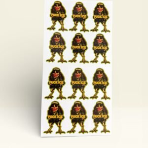 Sheet of “F*ck ICE” vinyl stickers featuring a bold parody-style character illustration with statement text.