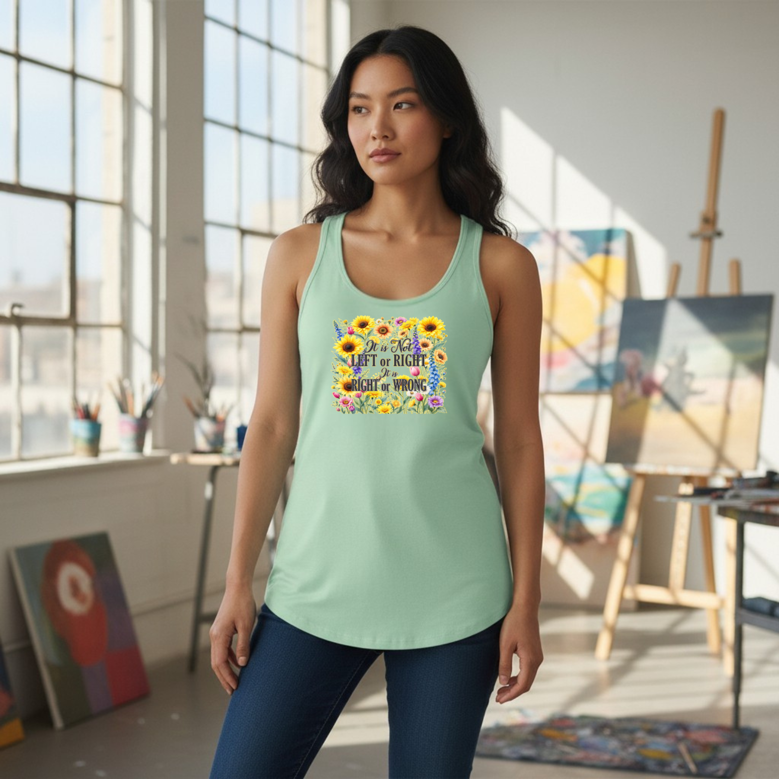 LeftRightTank Racerback tank with floral artwork and text reading It’s Not Left or Right It’s Right or Wrong
