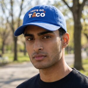 Dad hat with the phrase “Let’s Go Taco” and a small illustrated graphic.
