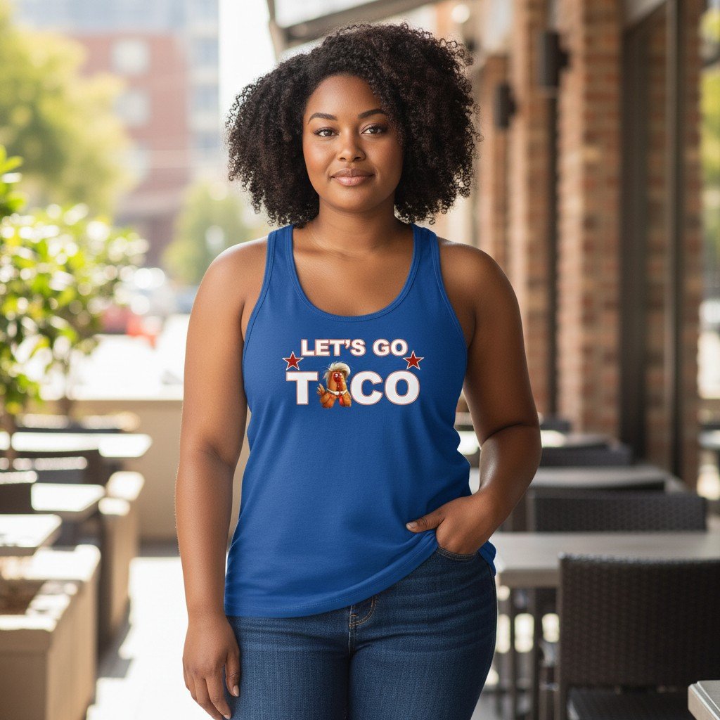 LetsGoTacoTank Racerback tank featuring Let’s Go Tico text with a playful illustrated character