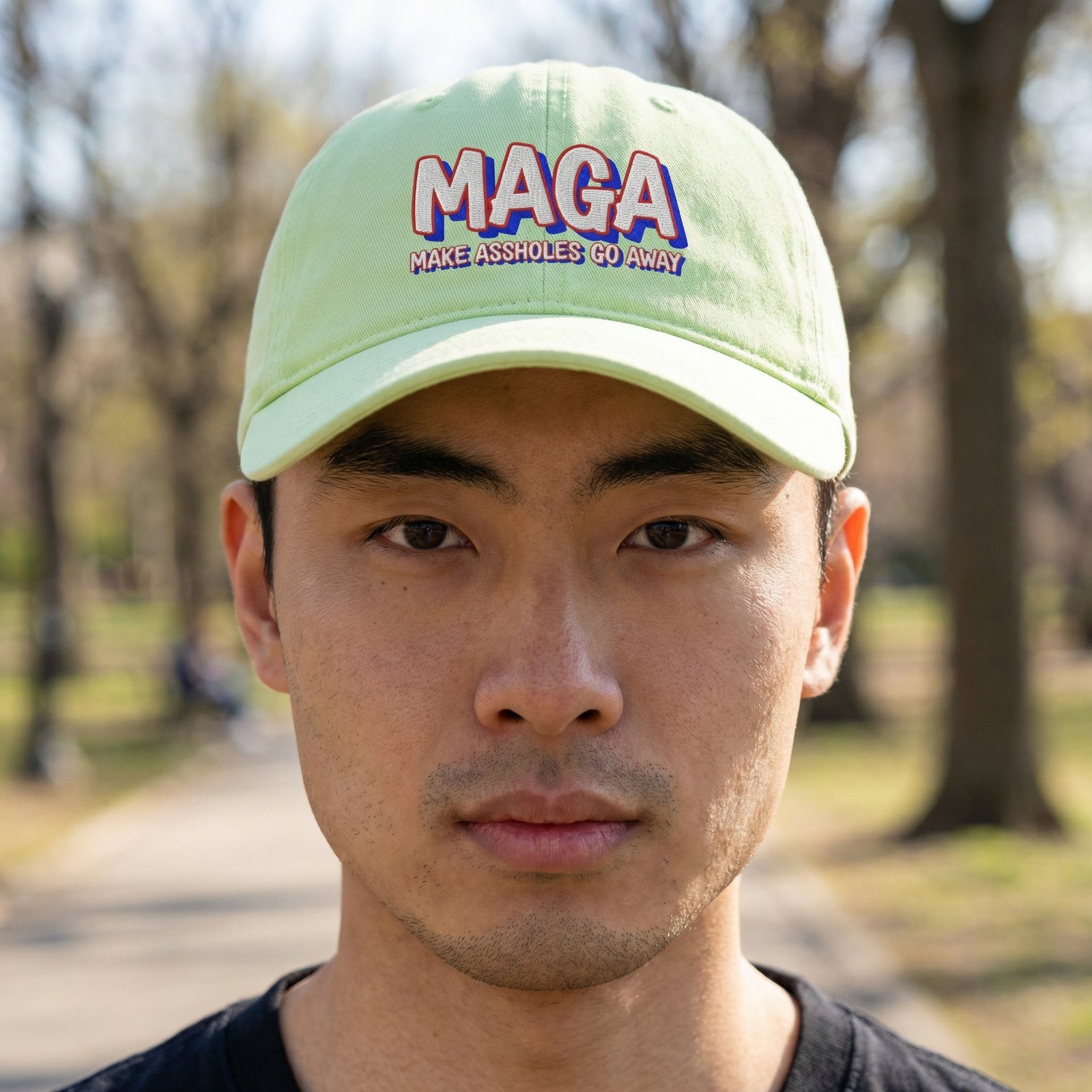 MAGA-MakeAssholesHat dad hat with the phrase “MAGA – Make Assholes Go Away” in bold red, white, and blue lettering.