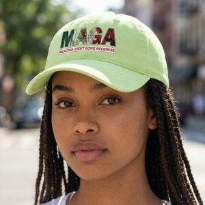 Dad hat with the phrase “MAGA – Mexicans Aren’t Going Anywhere” in bold lettering.