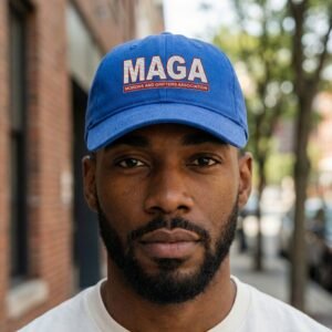 Blue dad hat with the phrase “MAGA – Morons and Grifters Association” in bold lettering.