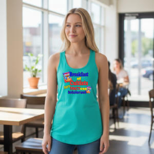 Racerback tank reading Breakfast of Cultists 100% FACTose Intolerant with parody cereal design