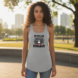 Racerback tank featuring Medusa artwork with the phrase The Female Gaze Petrify the Patriarchy
