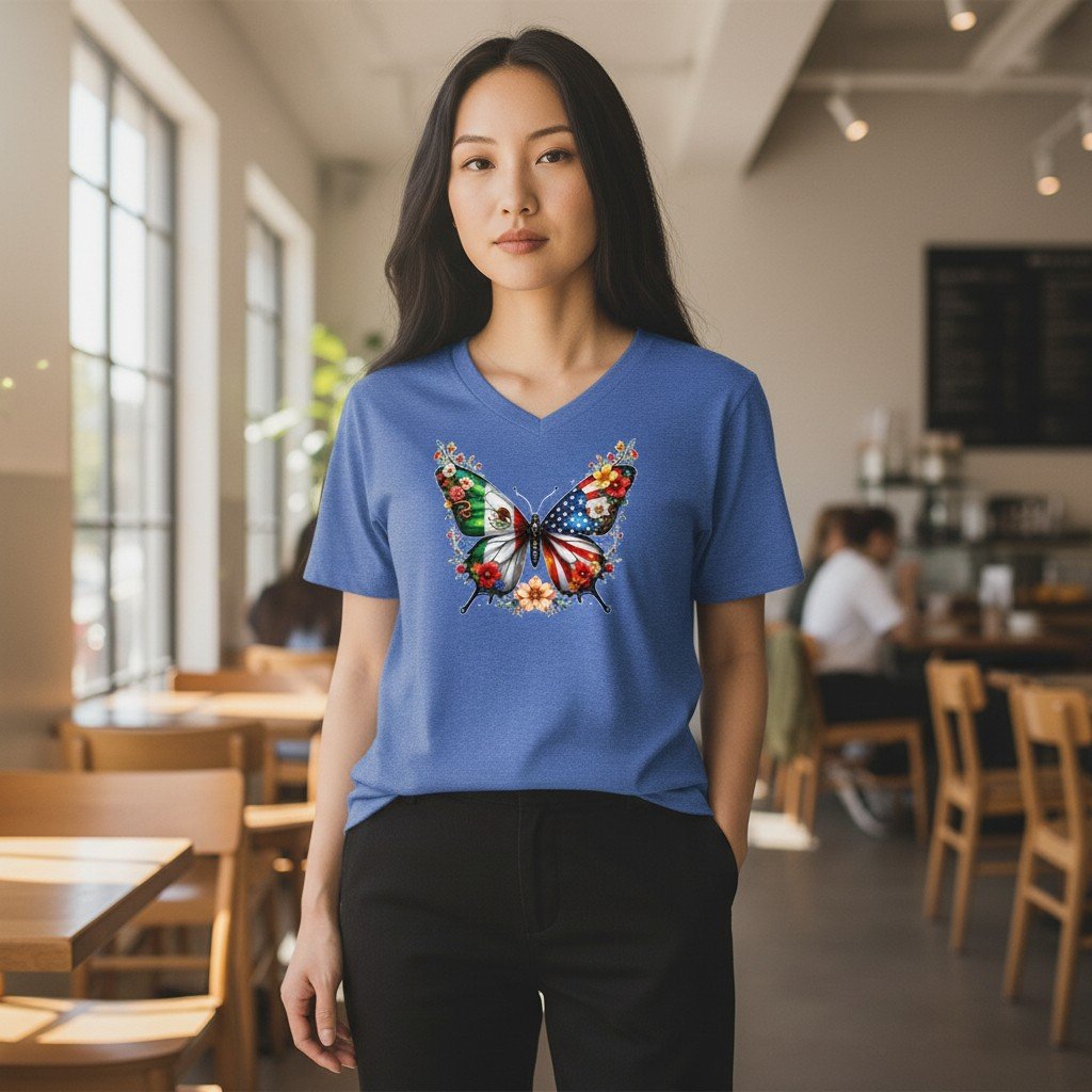 MexiAmericanButterfly T-shirt featuring a butterfly graphic with the flags of Mexico and the United States