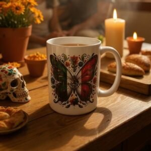 15oz ceramic mug with Mexican folk art butterfly and floral design