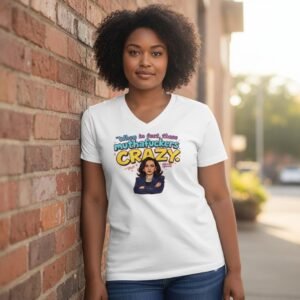 Person wearing a t-shirt with bold political text and an illustrated figure